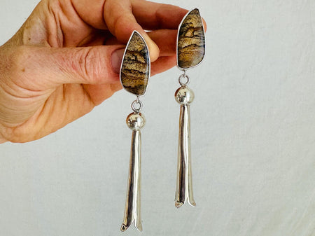 Picasso Jasper Earrings with Squash Blossoms. Sterling Silver. 2407