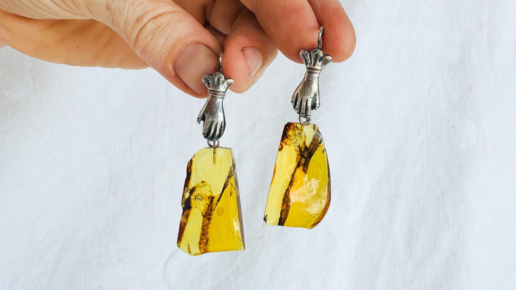 Mexican Amber & Hands Earrings. Cast Sterling Silver Jewelry from Oaxaca. 2885
