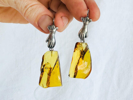 Mexican Amber & Hands Earrings. Cast Sterling Silver Jewelry from Oaxaca. 2885