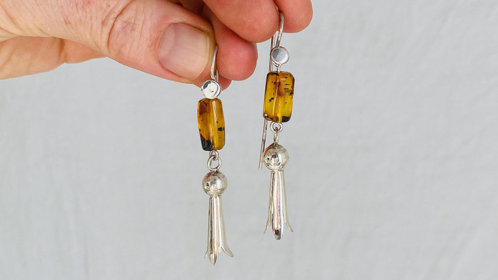 Squash Blossom, Amber & Sterling Silver Earrings. 0419