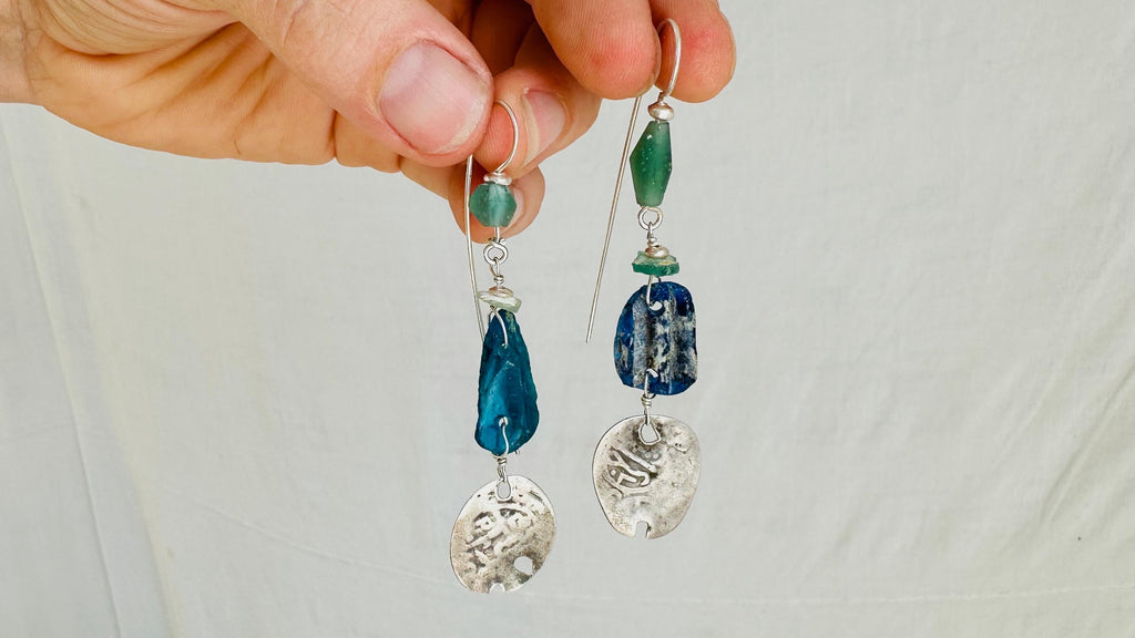 Ancient Roman Glass & Berber Coin Earrings. Handmade Sterling Silver Designer Jewelry. 2755