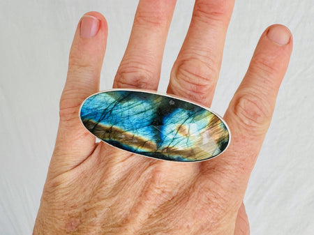 Labradorite Two Finger Ring. Adjustable Sizing. Handmade Sterling Silver. Gorgeous Flash. 4047