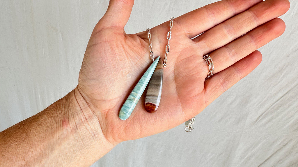 Amazonite & Jasper Pendants on a Silver Chain. Sterling Silver. 1419
