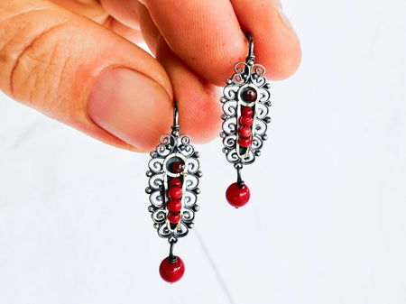 Vintage Oaxacan Filigree Earrings. Coral Sterling & Silver. Gusanos. Mexico. 2808