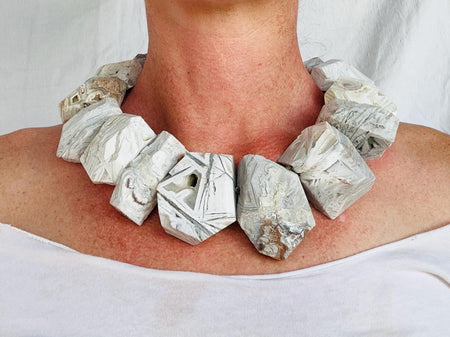 White Mexican Agate Necklace. Handmade Sterling Silver Designer Jewelry. Statement Necklace.