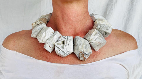 White Mexican Agate Necklace. Handmade Sterling Silver Designer Jewelry. Statement Necklace.