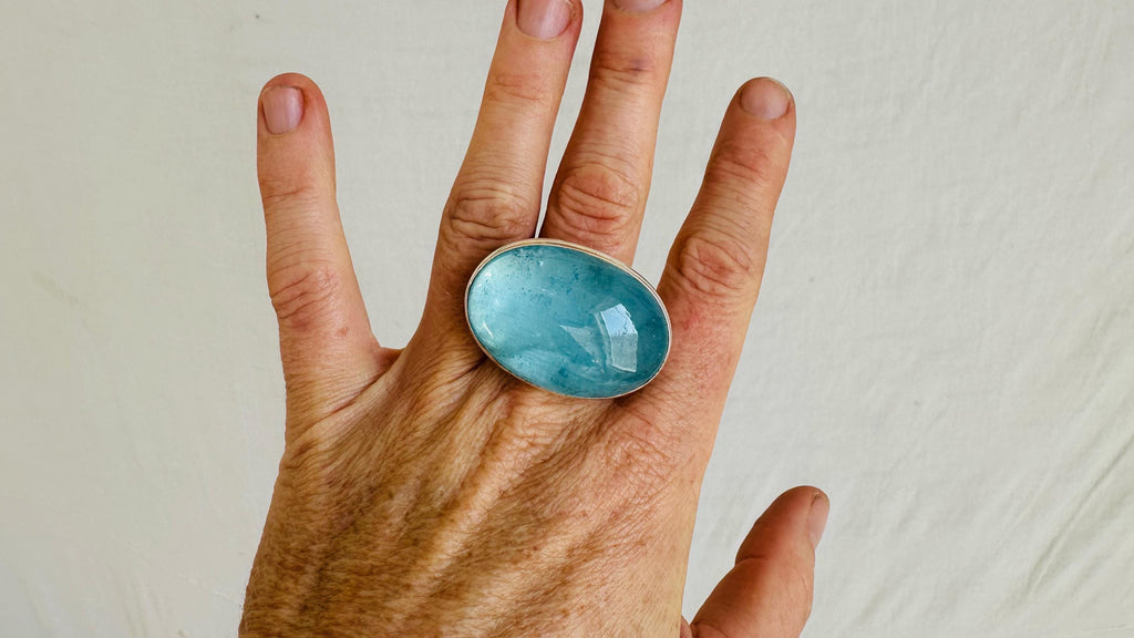 Oversized Aquamarine Cocktail Ring | Handmade Adjustable Sterling Silver | Unique Gemstone Jewelry. 0919