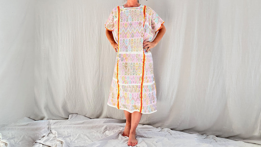 huipil dress San Juan striped orange Handcrafted from raw cotton (manta) Midi Single Panel Huipil With
