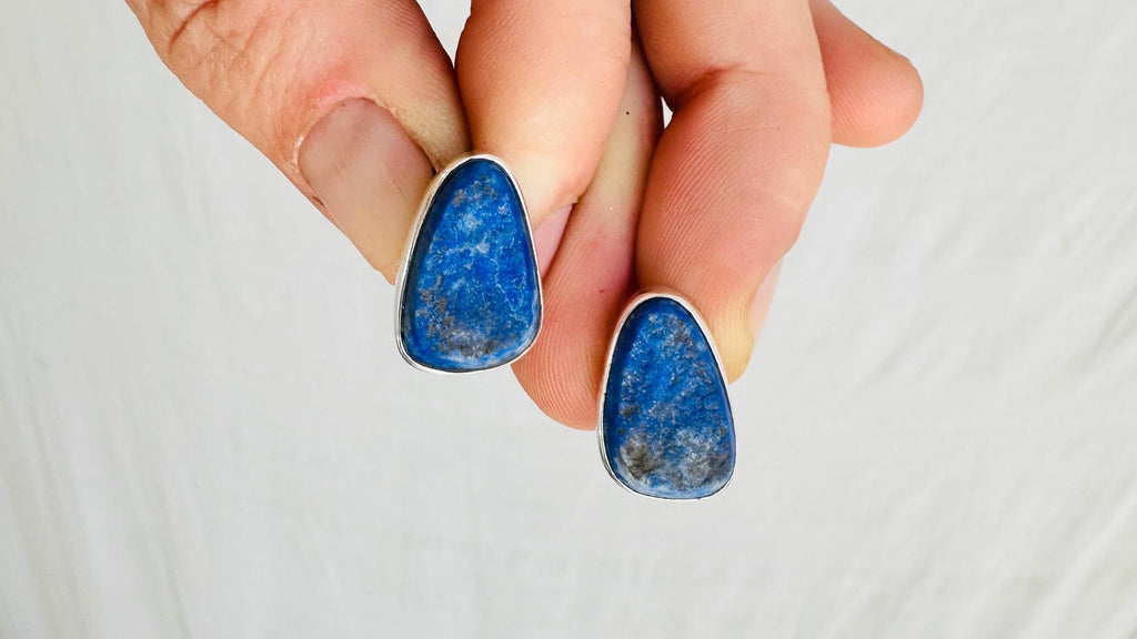 Rough Lapis Lazuli Earrings. Asymmetrical Posts. Handmade Sterling Silver Jewelry . 2203