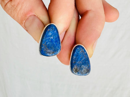 Rough Lapis Lazuli Earrings. Asymmetrical Posts. Handmade Sterling Silver Jewelry . 2203