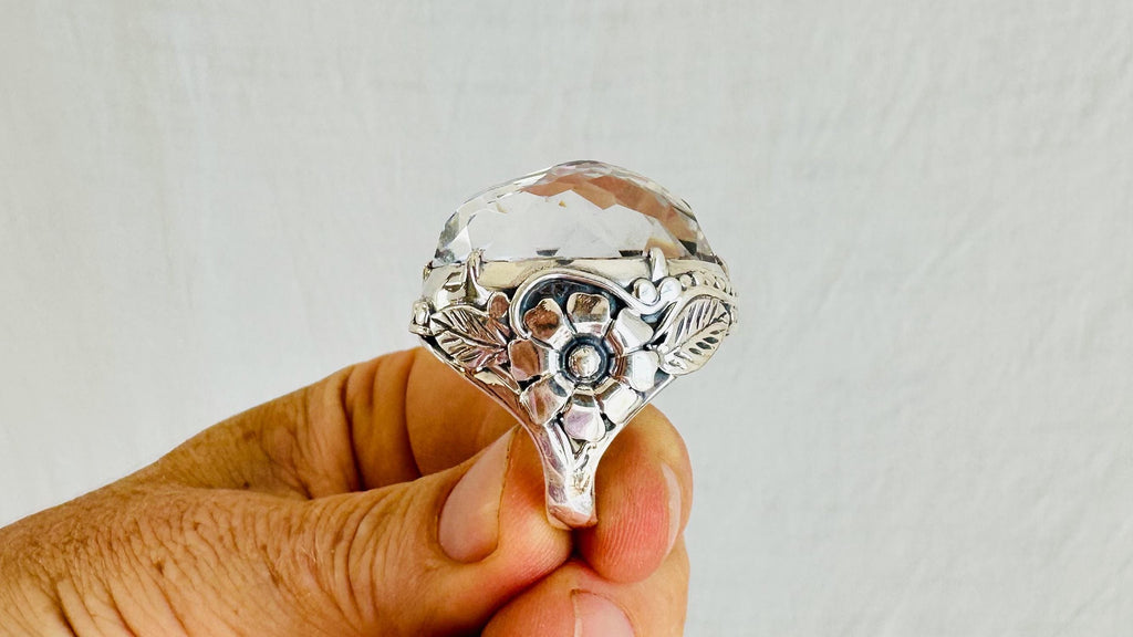 Natural Quartz Ring. Oversized. Botanicals. Size 6.5. 4148