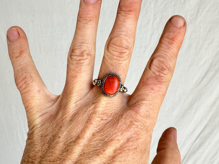 Antique Coral and Sterling Ring from Rajasthan, India. Size 8.5 1066