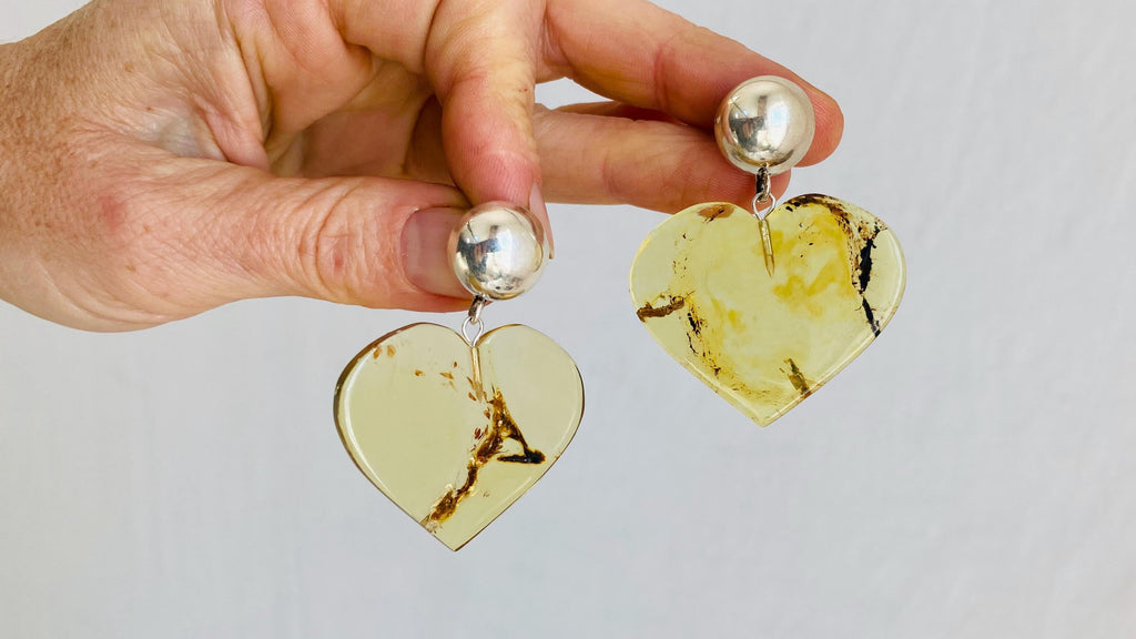 Amber Heart & Sterling Silver Earrings. Atelier Aadya.1227