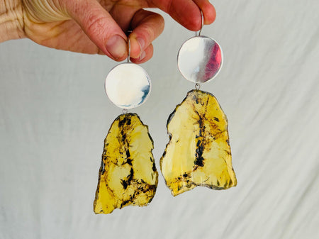 Huge Amber Slab & Sterling Silver Earrings. 4071