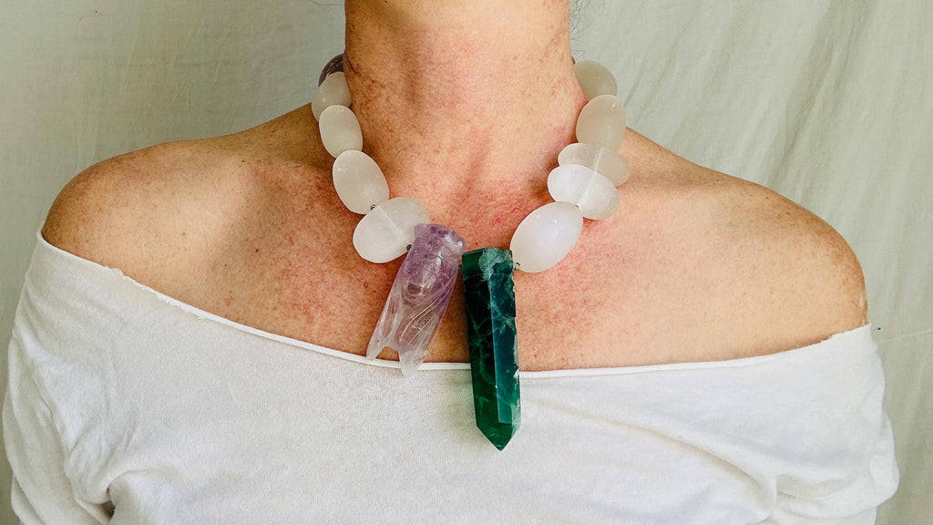 Amethyst Cicada, Fluorite and Selenite Necklace. Medicine Necklace.