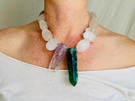 Amethyst Cicada, Fluorite and Selenite Necklace. Medicine Necklace.