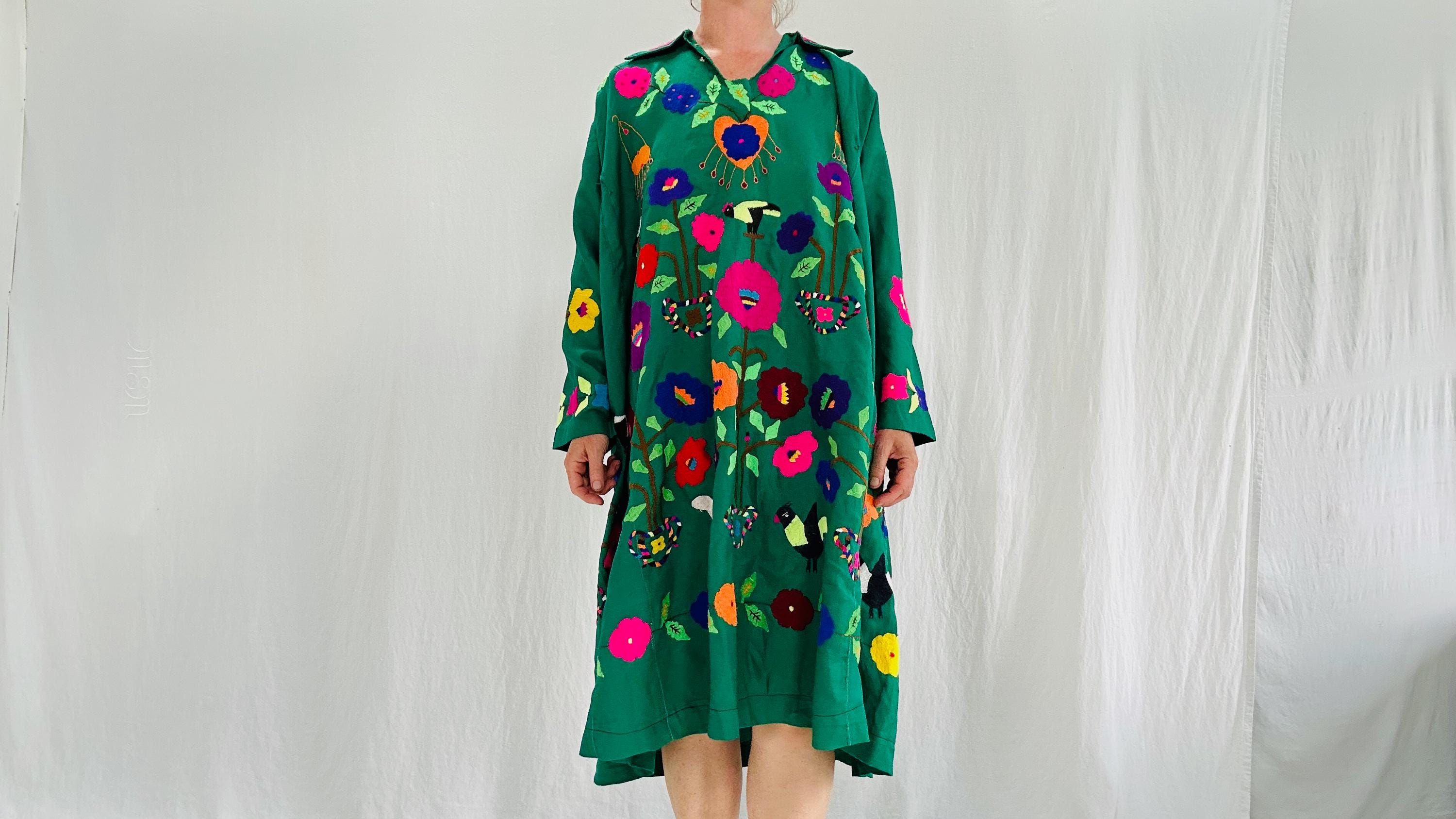 Vintage Uzbek Suzani Hand-Embroidered Cotton Mini Dress. XS-L