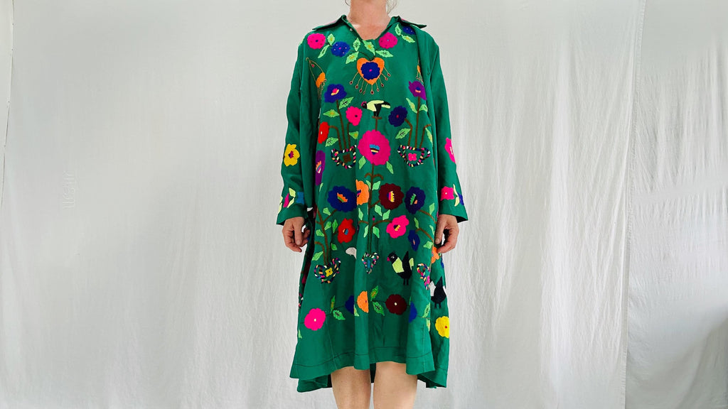 Vintage Uzbek Suzani Hand-Embroidered Cotton Mini Dress. XS-L