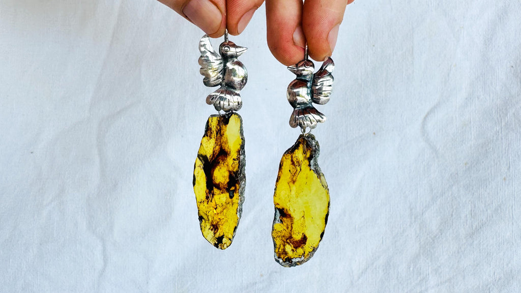 Amber & Bird Earrings from Mexico. Handmade of Sterling Silver. S/N. Statement Earrings