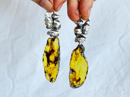 Amber & Bird Earrings from Mexico. Handmade of Sterling Silver. S/N. Statement Earrings