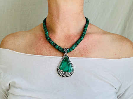 Malachite Pendant Necklace. Handcrafted Sterling Silver Designer Jewelry. 2391
