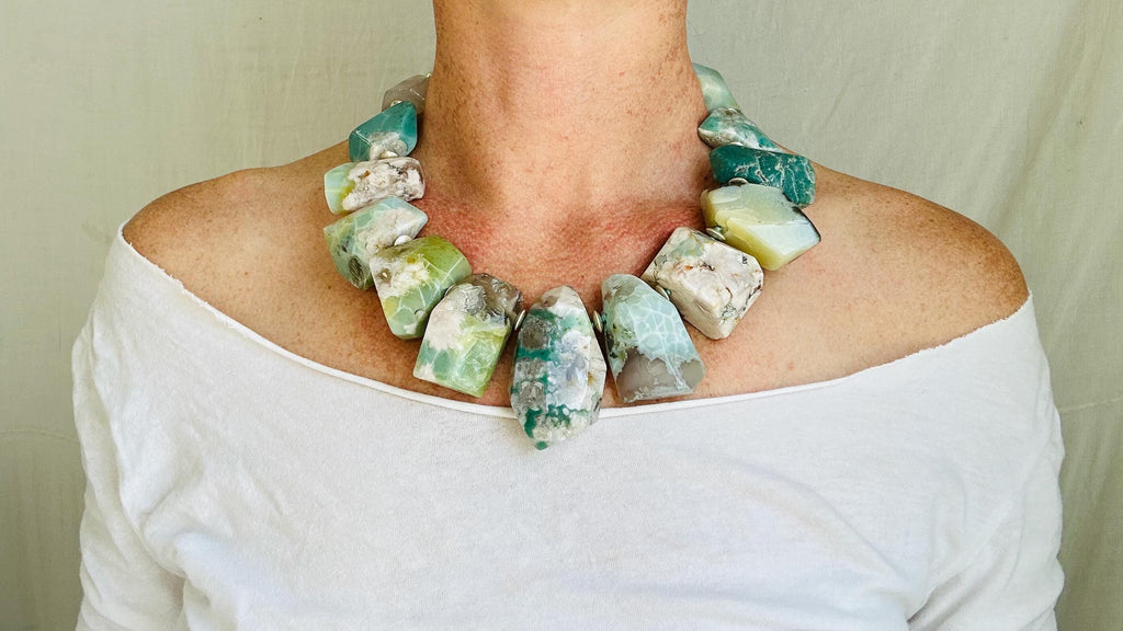 Green Flower Agate Necklace. Handmade Sterling Silver Designer Jewelry. Statement Necklace. Maximalist Jewelry.