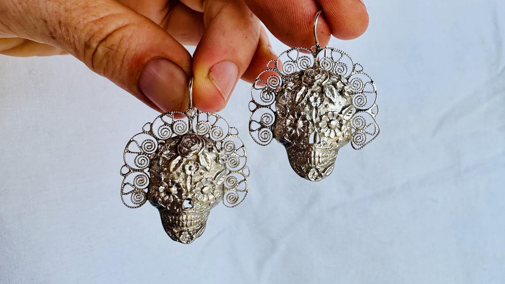 Oaxaca Skull Earrings I Sterling Silver Calavera from Mexico I Frida Kahlo Inspired Jewelry