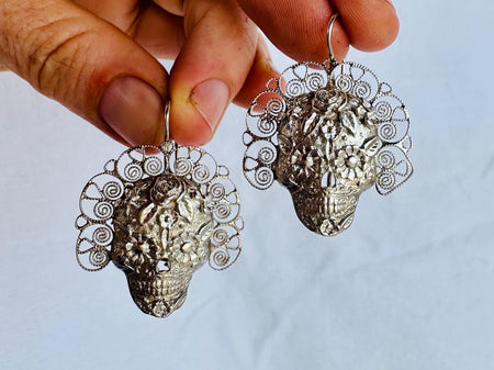 Oaxaca Skull Earrings I Sterling Silver Calavera from Mexico I Frida Kahlo Inspired Jewelry