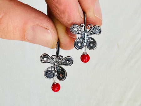Oaxacan Filigree Earrings. Coral & Silver. Butterflies. Mexico. Frida Kahlo. 0864