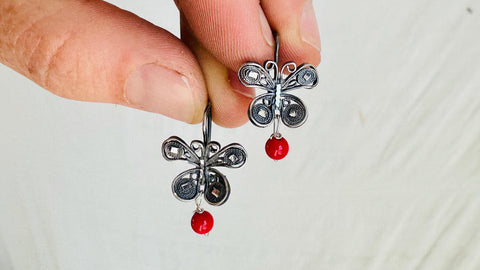 Oaxacan Filigree Earrings. Coral & Silver. Butterflies. Mexico. Frida Kahlo. 0864