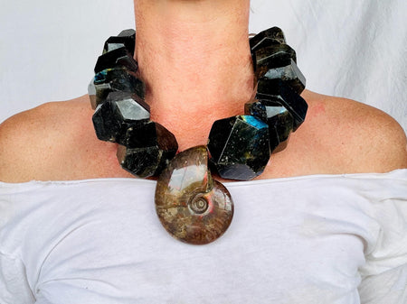 Labradorite & Ammonite Necklace. One-of-a-Kind. Sterling Silver.