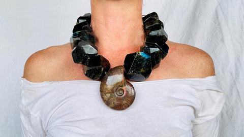 Labradorite & Ammonite Necklace. One-of-a-Kind. Sterling Silver.