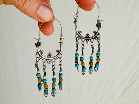 Vintage Uzbek Earrings. Bukhari. Silver, Jade and Turquoise. 2591