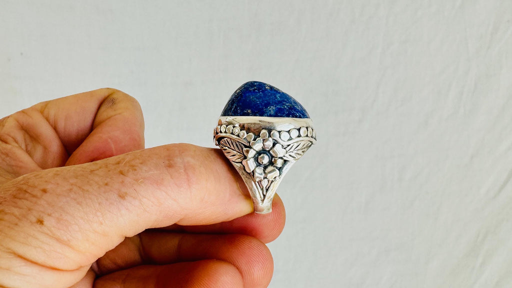 Lapis Lazuli Botanicals Ring. Sterling Silver Handcrafted Jewelry. Size 6. 4145