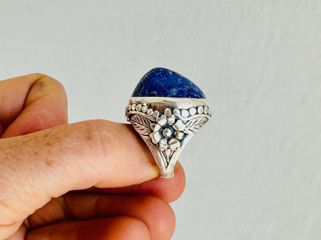 Lapis Lazuli Botanicals Ring. Sterling Silver Handcrafted Jewelry. Size 6. 4145