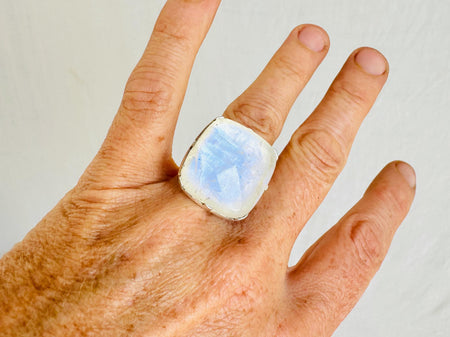 Rainbow Moonstone Ring. Oversized & Adjustable Sterling Silver Cocktail Ring. 0909