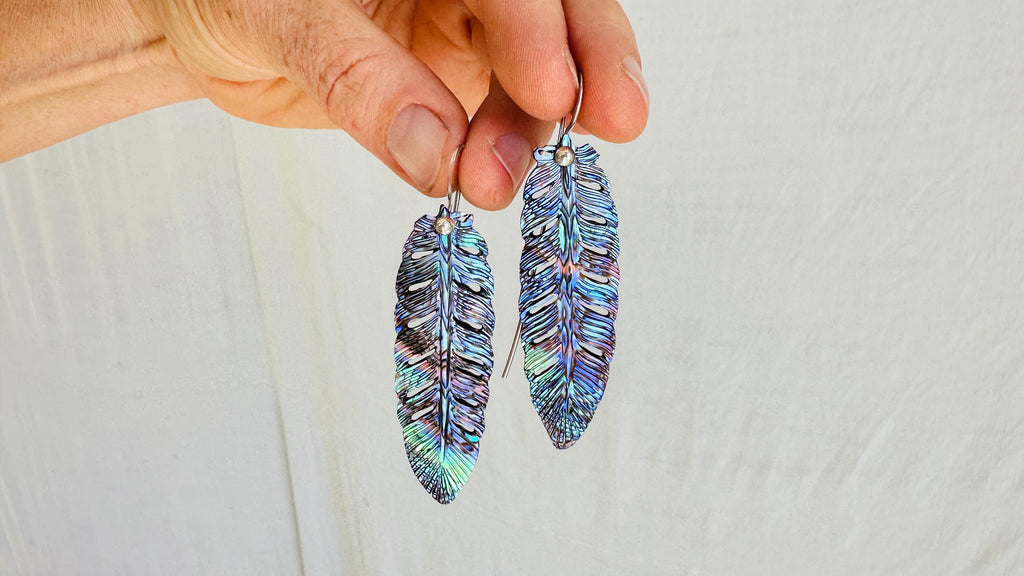 Carved Abalone Feather Earrings. Exact Pair. Paua and Sterling Silver Jewelry. 2733
