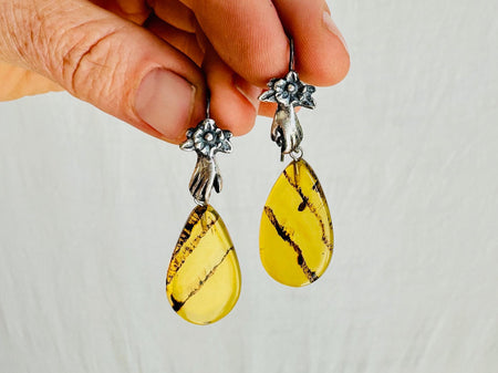 Amber & Sterling Silver Cast Hands Earrings. 0285