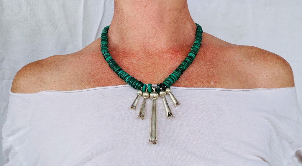 Malachite & Squash Blossom Necklace. Sterling Silver and Natural Malachite. Handmade Designer Jewelry. 4406