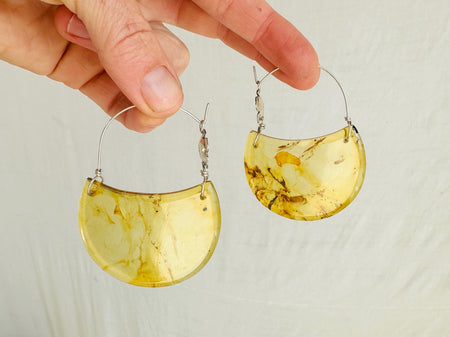 Large Amber Earrings with Silver Flowers. Handmade Sterling Jewelry. 2574