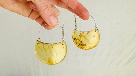 Large Amber Earrings with Silver Flowers. Handmade Sterling Jewelry. 2574