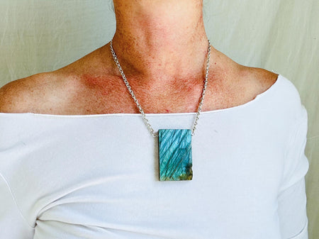 Labradorite Pendant Necklace. Heavy Sterling Silver Chain. Flashy Blue Stone. Designer Jewelry. 2678