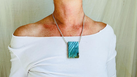 Labradorite Pendant Necklace. Heavy Sterling Silver Chain. Flashy Blue Stone. Designer Jewelry. 2678