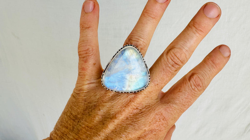 Rainbow Moonstone Cocktail Ring. Oversized Sterling Silver Designer Ring. Botanicals. Size 9. 4621