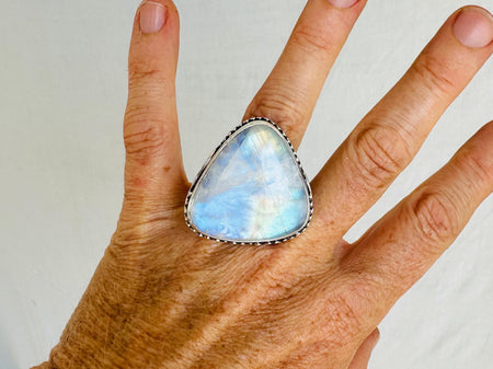 Rainbow Moonstone Cocktail Ring. Oversized Sterling Silver Designer Ring. Botanicals. Size 9. 4621