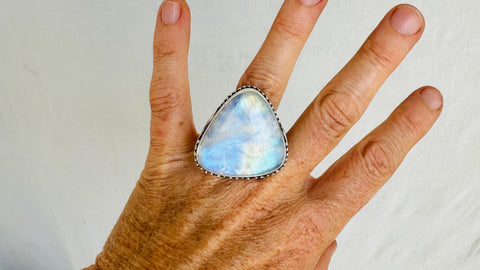 Rainbow Moonstone Cocktail Ring. Oversized Sterling Silver Designer Ring. Botanicals. Size 9. 4621