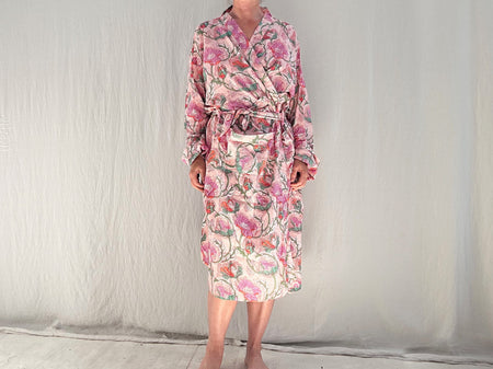 Lightweight Cotton Robe. Floral Block Printed. Up to XL