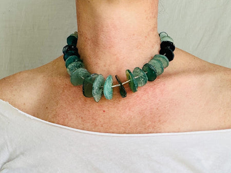 Ancient Roman Glass Necklace with Sterling Silver. Handmade Designer Jewelry.