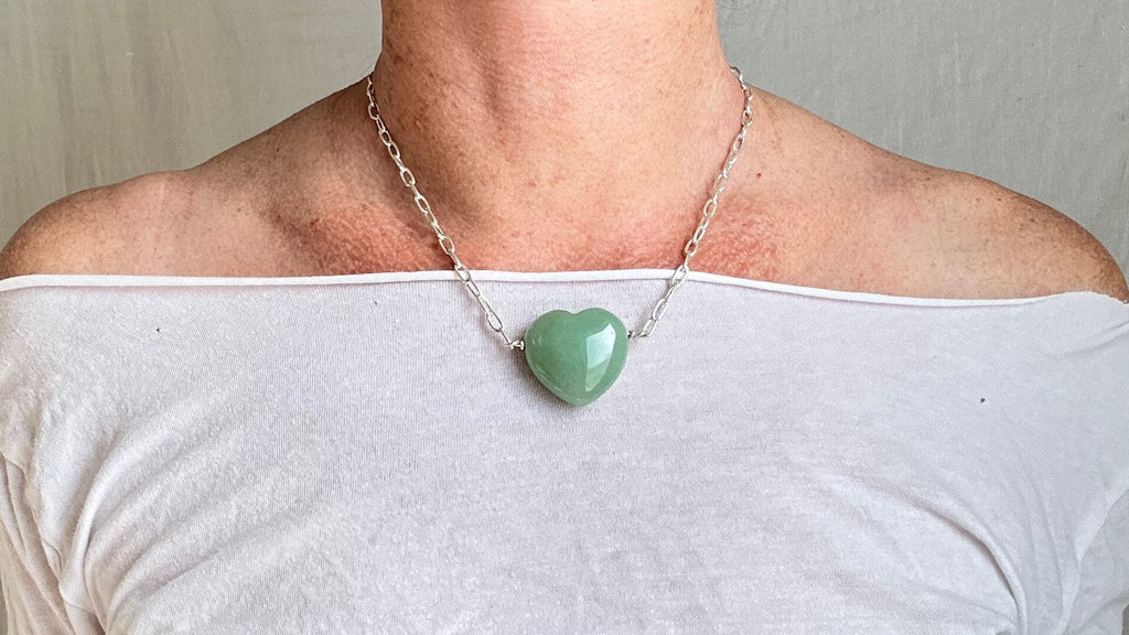 Aventurine Heart Pendant Necklace. Sterling Silver Chain.