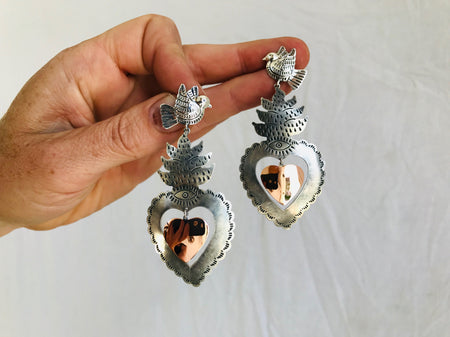 Taxco Silver Sacred Heart Earrings. Sterling Silver & Copper. Mexico. Frida Kahlo. 0236